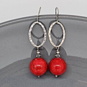 925 Sterling Silver - Red Gem Stone Beaded Dangle Earrings 2"